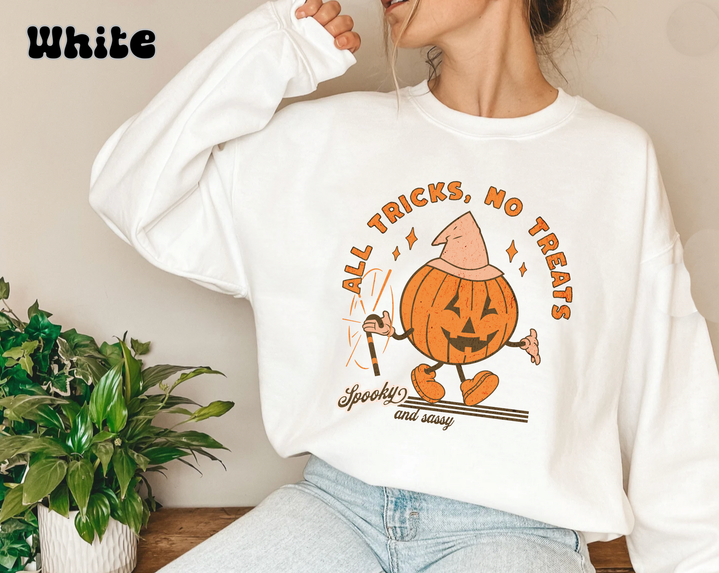 All tricks no treats funny retro groovy pumpkin sweatshirt, vintage inspired pumpkin halloween hoodie, spooky season sassy sweater