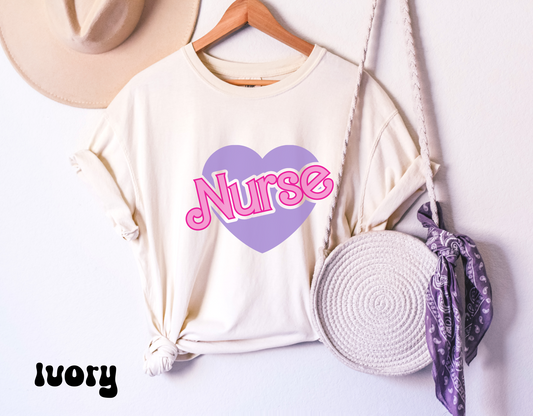 Comfort colors cute barbie movie Summer Tshirt, minimalist RN LVN nurse shirt, bimbocore feminine outfit, girly pink purple tee