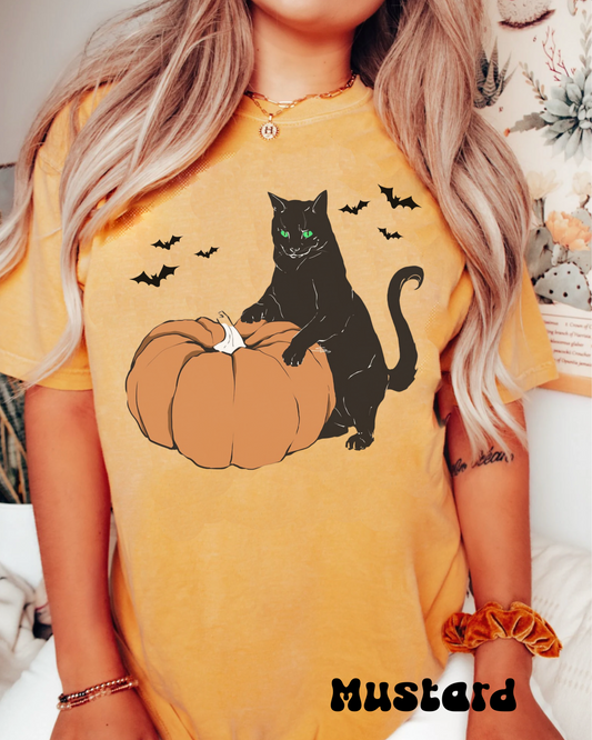 Comfort color funny halloween black cat on a pumpkin tshirt, vintage inspired spooky season tee, cute witch familiar shirt, its frickin bats