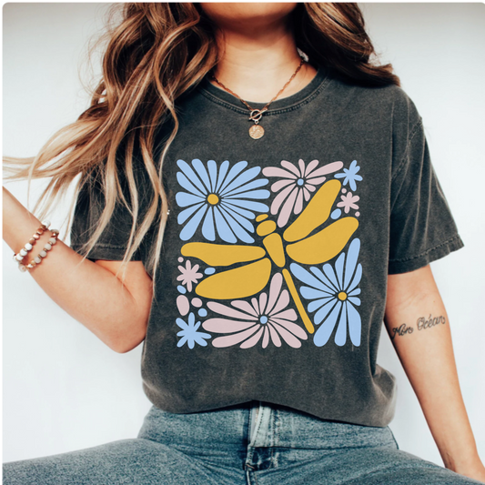 Comfort Colors® Shirt, Flowers T-Shirt, Boho Wildflowers Floral Nature Shirt, dragonfly summer tee, Vintage inspired, cottagecore style