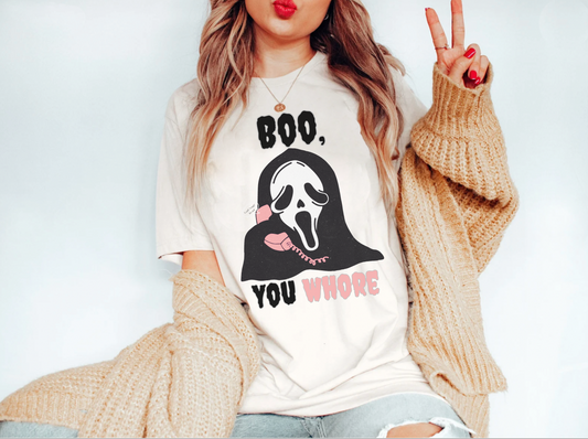 Funny Boo you whore mean girls halloween scream spoof tshirt, cute spooky season shirt, boho scary movie watching tee, ghost face