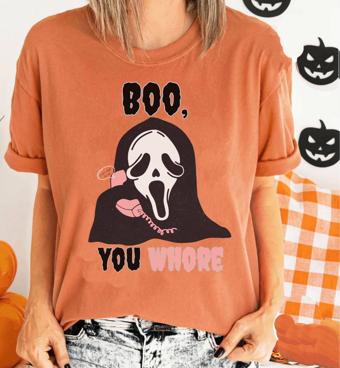 Funny Boo you whore mean girls halloween scream spoof tshirt, cute spooky season shirt, boho scary movie watching tee, ghost face