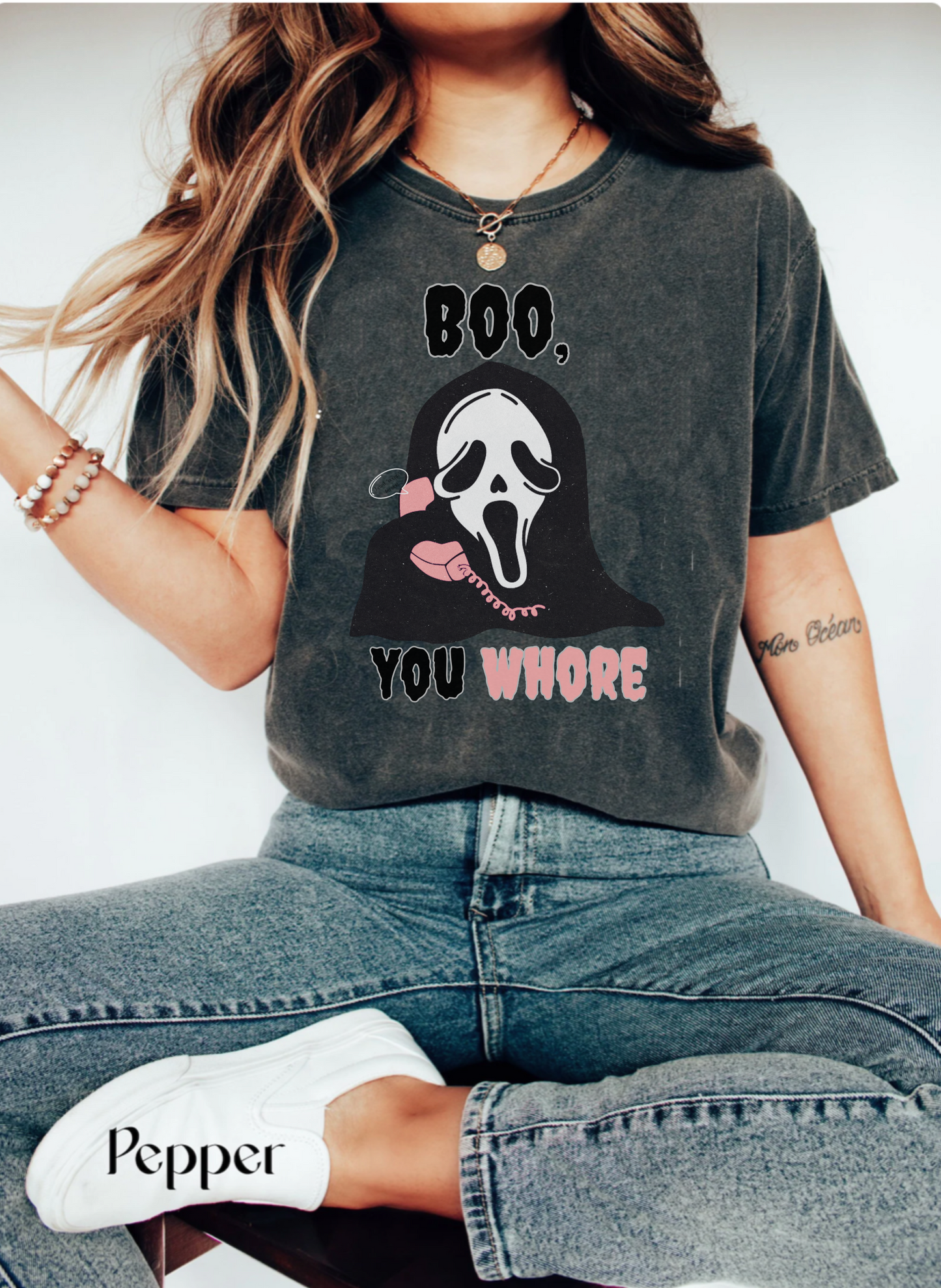 Funny Boo you whore mean girls halloween scream spoof tshirt, cute spooky season shirt, boho scary movie watching tee, ghost face