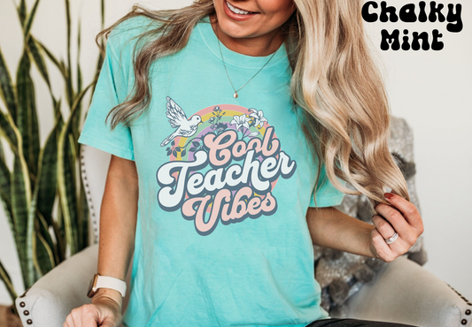 Comfort colors cool teacher vibes groovy tshirt, retro rainbow hippie shirt, educator appreciation gift, vintage inspired ally pride tee