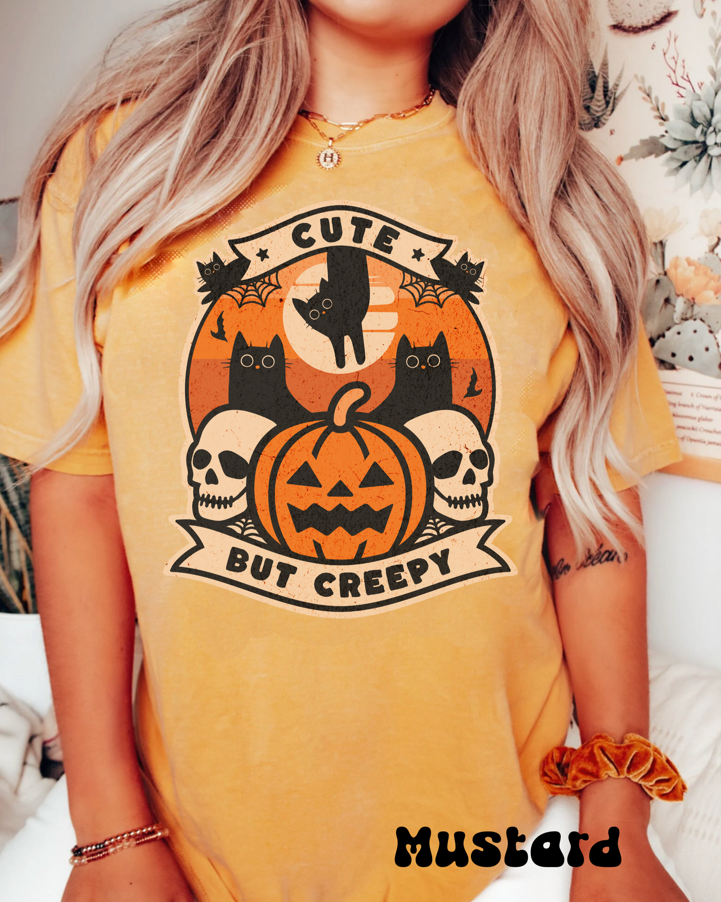 Comfort colors Cute but creepy black cat and skulls halloween tshirt, funny skeleton pupkmin spooky season shirt distressed fall graphic tee