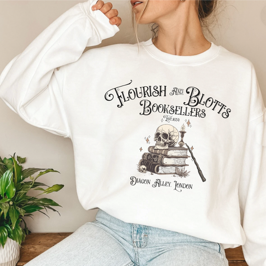 cute Flourish Blotts Sweatshirt, Magic Wizard, Witchcraft School hoodie, Bookish Book Worm Nerd Fandom sweater Vintage, gift for millennial