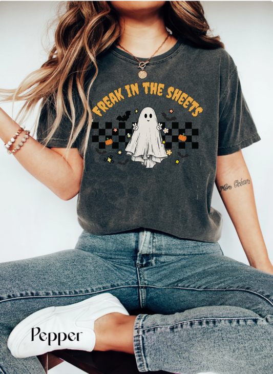 Comfort colors funny freak in the sheets halloween pun tshirt, cute retro ghost shirt, vintage inspired fall tee, spooky season outfit