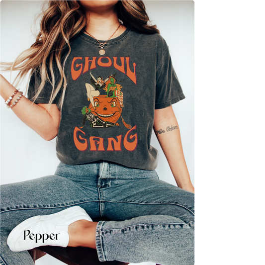 Comfort colors funny ghoul gang girl group halloween tshirt, spooky season vintage inspired jack o lantern shirt, retro mean ghouls tee