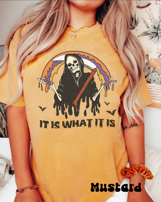 Comfort color funny skeleton grim reaper it is what it is tshirt, groovy meme halloween skeleton shirt, fall autumn graphic tee, death skull