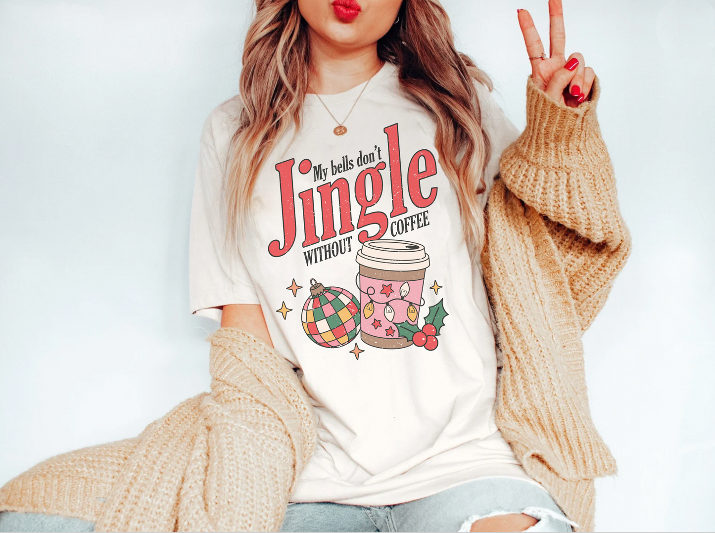 Comfort colors cute coffee lovers christmas shirt, funny jingle bells holiday tshirt, retro groovy disco xmas graphic tee, festive tis the season santa outfit