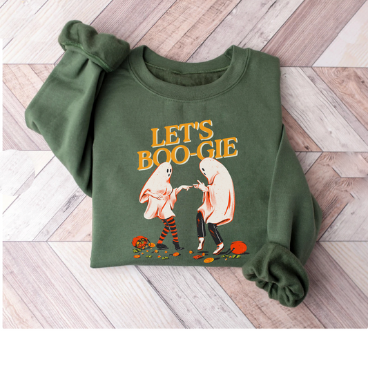 Cute funny ghost halloween pun sweatshirt, lets boogie dance party sweater, groovy retro ghoul spooky boho fall hoodie, autumn thanksgiving