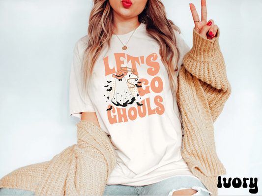 Comfort colors cute retro groovy cowgirl ghost tshirt, vintage inspired lets go girls halloween ghouls shirt, funny western fall autumn tee