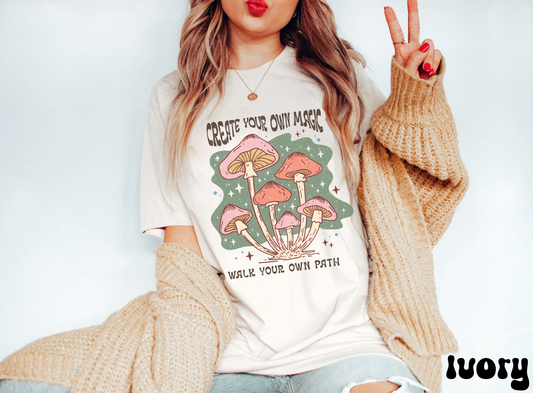 Comfort colors boho inspirational mushroom tshirt, vintage groovy mycelium shirt, retro make your magic good vibes tee, hippie individualist