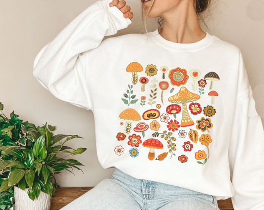 Cute folk art boho mushroom sweatshirt, hygge cottagecore goblincore autumn sweater, fall aesthetic graphic hoodie, cozy Autumn lounge wear