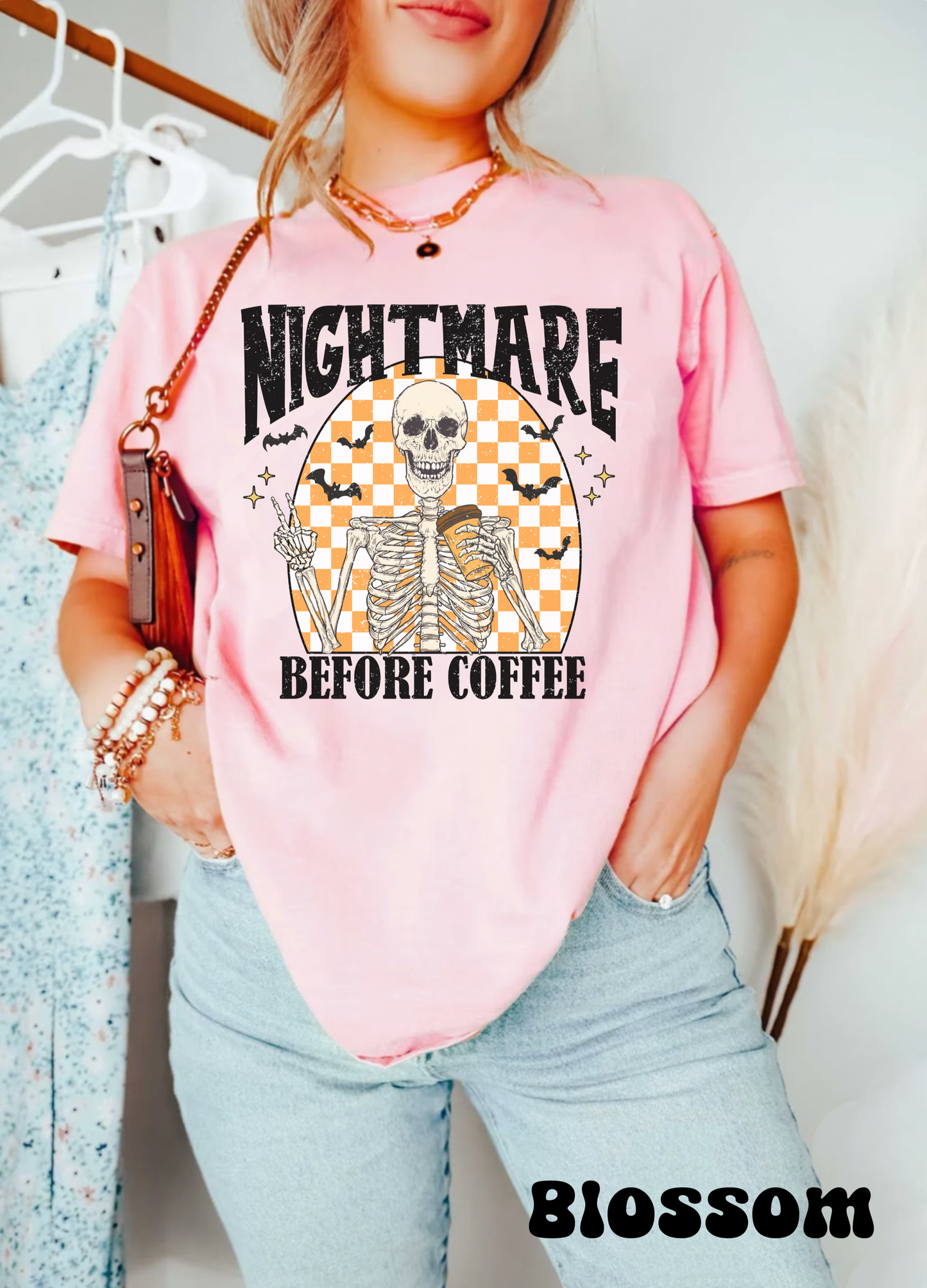 Comfort color funny retro skeleton caffiene lover halloween tshirt groovy spooky season nightmare before coffee shirt distressed graphic tee