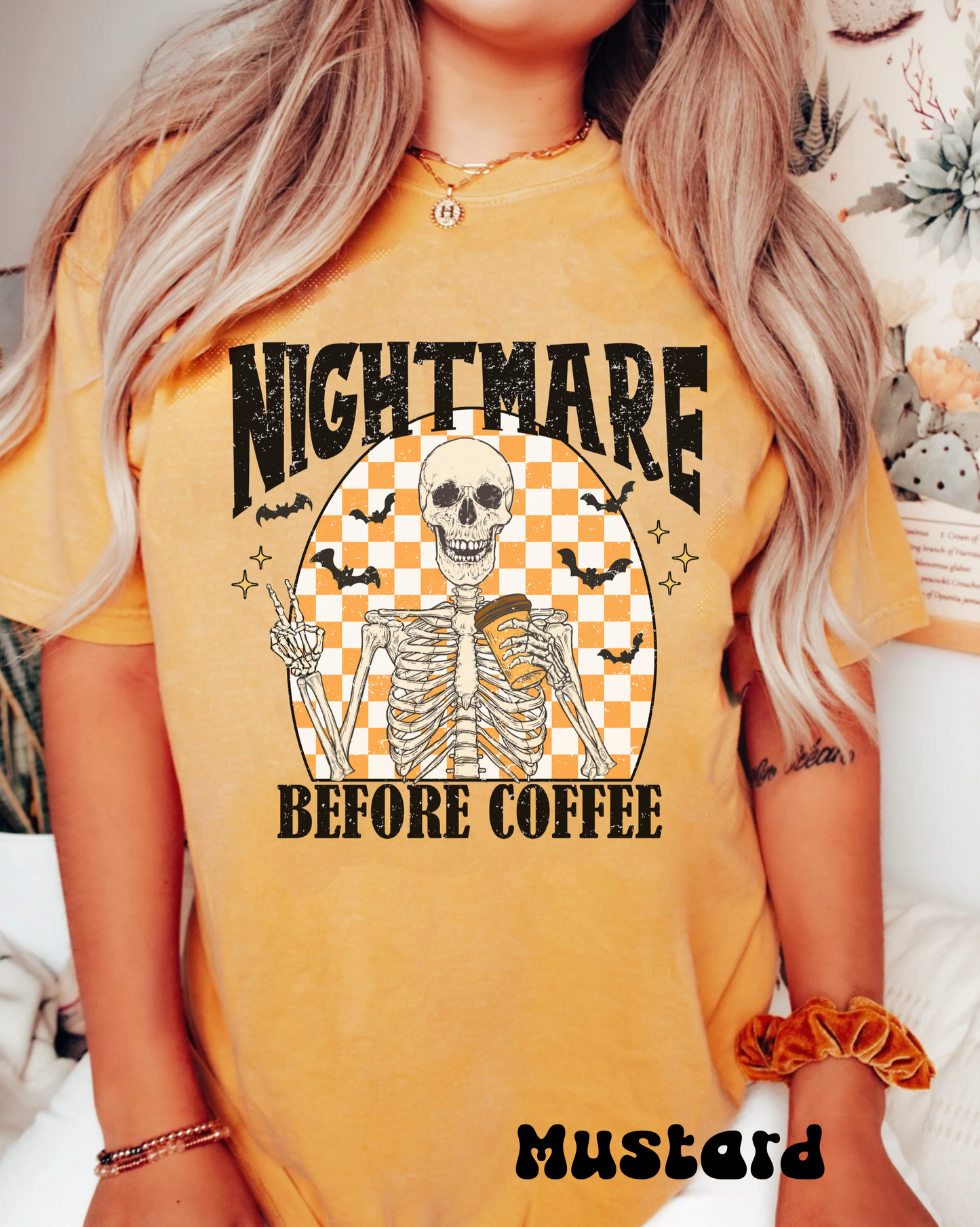 Comfort color funny retro skeleton caffiene lover halloween tshirt groovy spooky season nightmare before coffee shirt distressed graphic tee