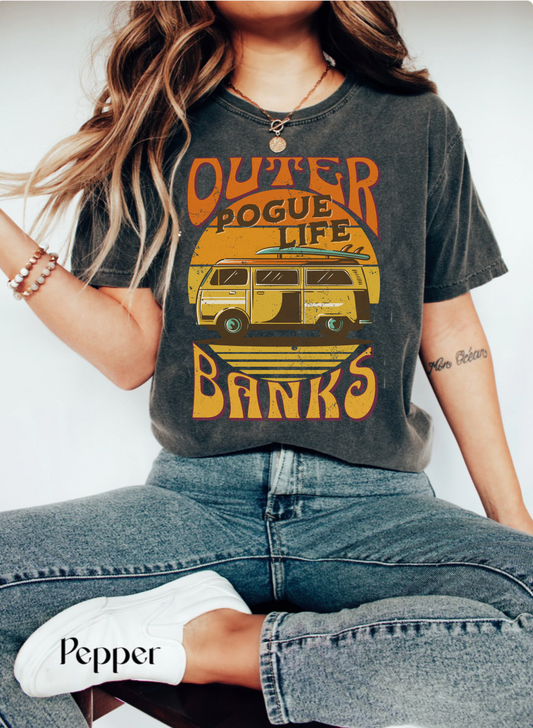 Comfort colors cute boho Outer Banks Pogue Life Shirt, Summer beach VSCO Shirt, vintage bus distressed graphic tee, Paradise On Earth surfer