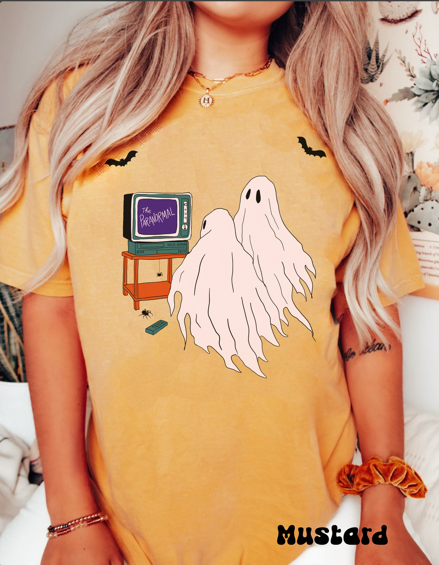 Comfort color spooky ghost tshirt, paranormal tv shirt, cute ghosts ghouls watching television, witchy aesthetic, Halloween haunted house graphic tee