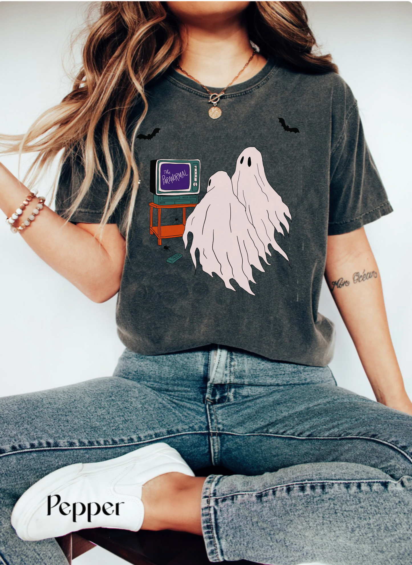 Comfort color spooky ghost tshirt, paranormal tv shirt, cute ghosts ghouls watching television, witchy aesthetic, Halloween haunted house graphic tee