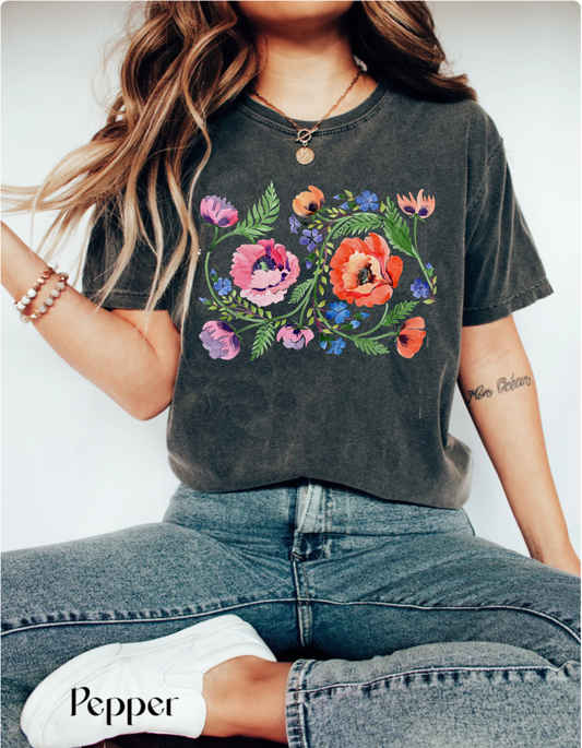 Boho watercolor poppies shirt, cottagecore floral blouse, vintage inspired tshirt, comfort colors