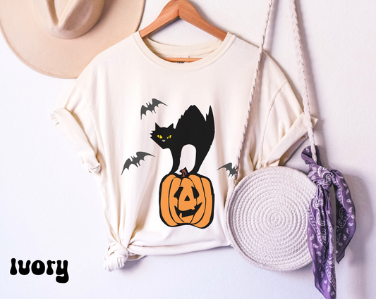 Comfort colors black cat on pumpkin shirt, fall autumn tshirt, Halloween spooky season graphic tee, vintage jack o lantern, bats witch style