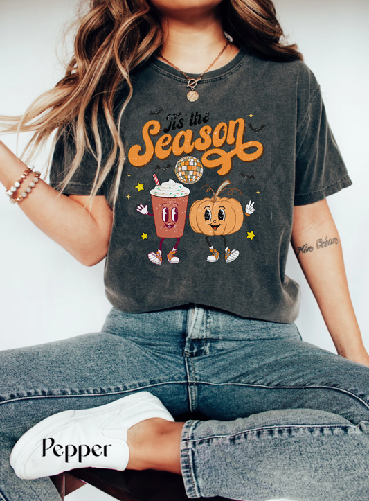 Comfort colors cute retro groovy halloween tshirt, tis the season pumpkin spice latte coffee lover shirt, vintage distressed autumn fall tee