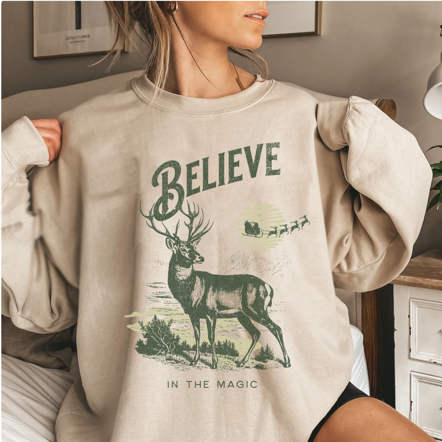 Cute vintage inspired reindeer sweatshirt, north pole santa claus sweater, believe in the magic christmas hoodie, winter holiday holly jolly outfit, merry xmas