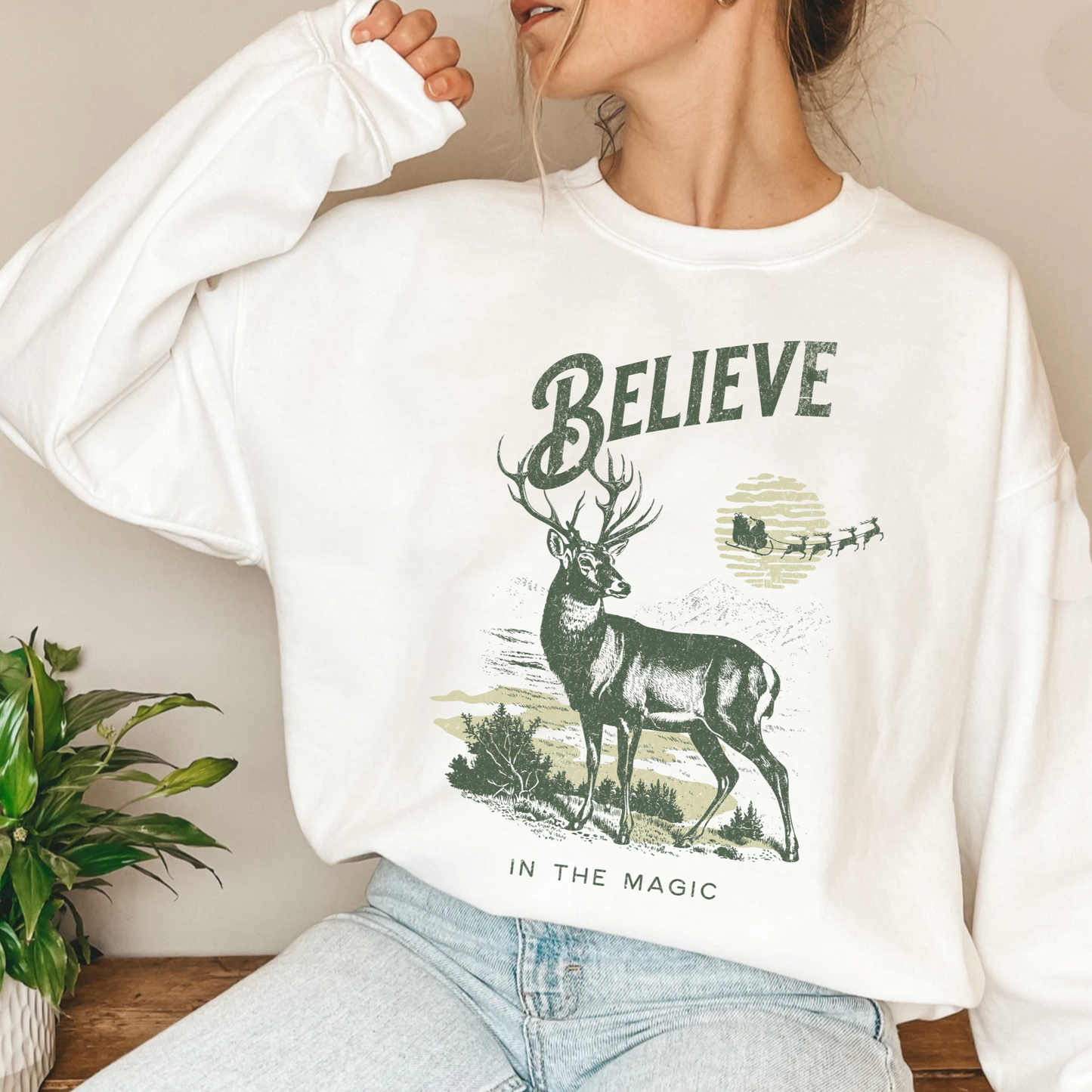 Cute vintage inspired reindeer sweatshirt, north pole santa claus sweater, believe in the magic christmas hoodie, winter holiday holly jolly outfit, merry xmas