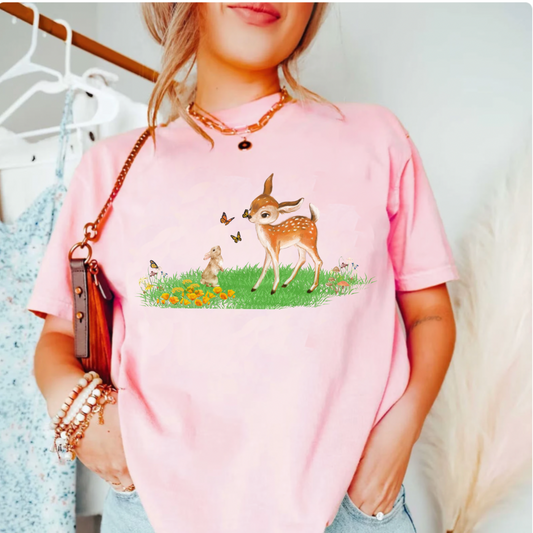 Comfort colors Retro T-Shirt Gift for Her, cute Deer bunny Women's Shirt, Vintage Woodland cottagecore Organic tee, Ladies Birthday Present