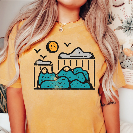 Comfort colors retro hipster rain in mountains Tshirt, Vintage hand drawn rocky mountain range shirt, VSCO summer vacation tee, hiking