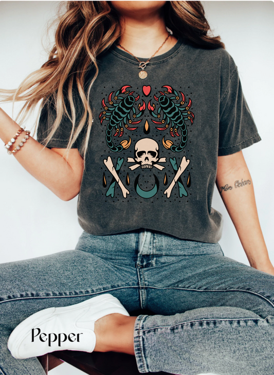 COmfort colors Scorpio season tshirt, vintage tattoo style zodiac tee, western halloween shirt, tarot card astrology outift, boho cowboy