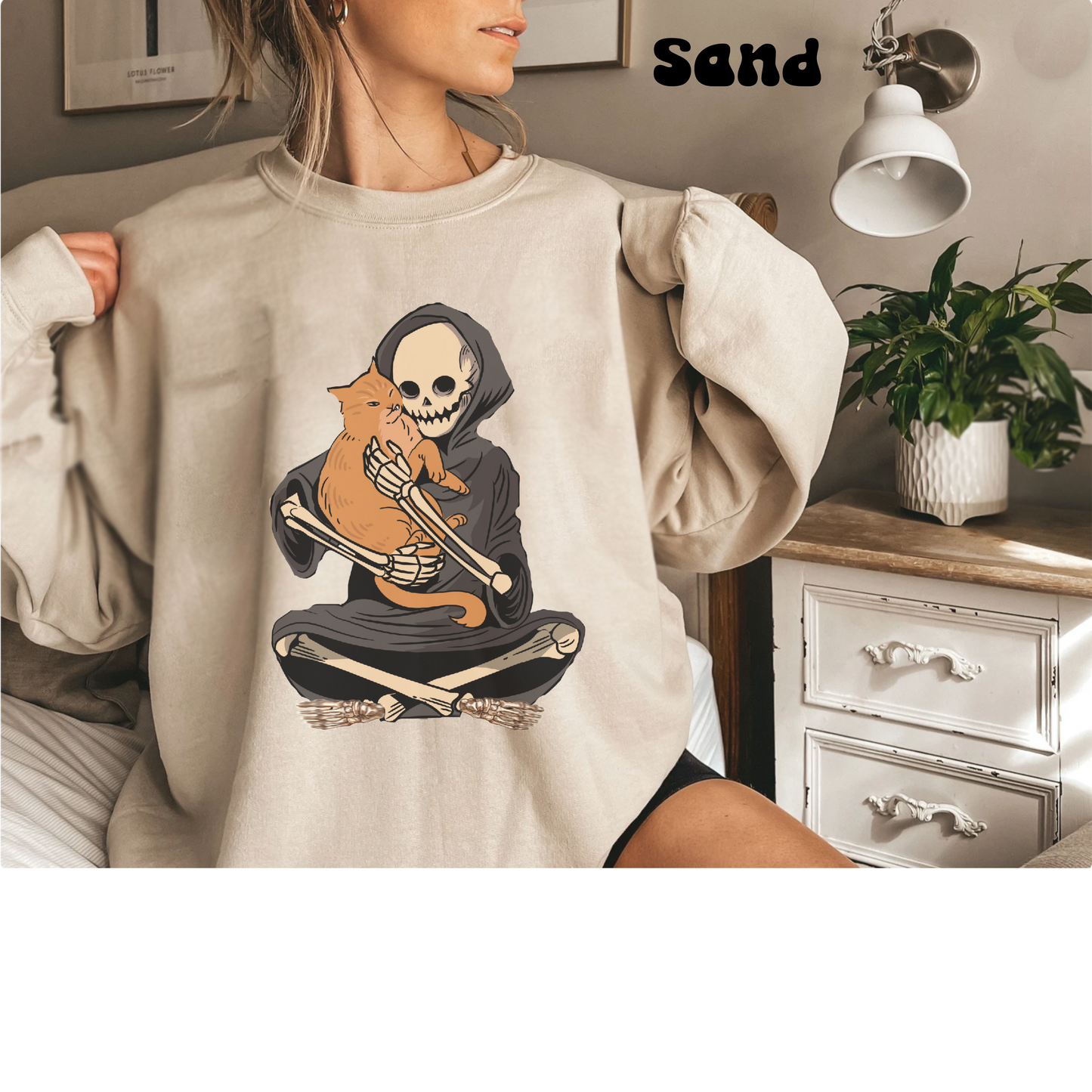 Funny skeleton and cat halloween hoodie, cute skull death kitten lover spooky sweatshirt, boho fall autumn graphic sweater, witchy aesthetic