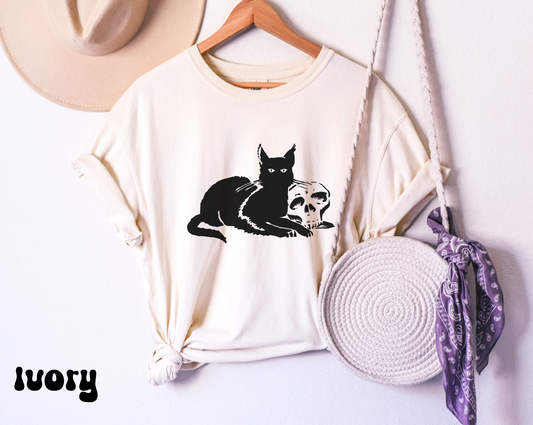 Comfort colors vintage black cat with skull tshirt, spooky fall autumn graphic tee, halloween witchy aesthetic, skeleton funny shirt, trendy