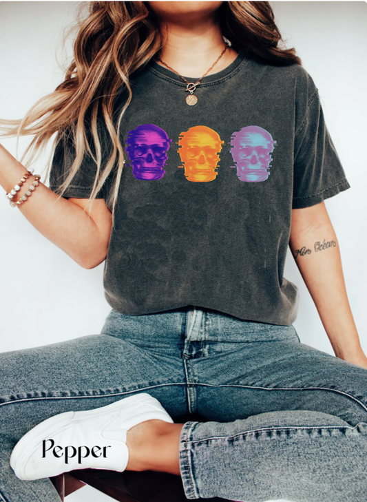 Comfort colors technicolor holographic sparkle skull trio tshirt, funky spooky season shirt, vintage retro groovy halloween tee, funny fall