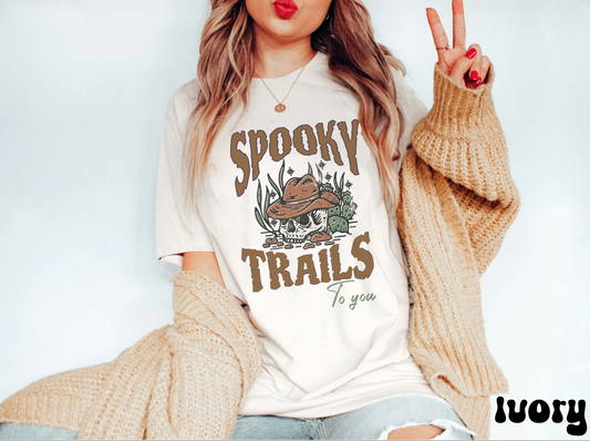 Comfort colors Spooky trails Skeleton cowboy Tshirt, western halloween shirt, funny vintage tee, rodeo skull desert cactus outfit, haunted