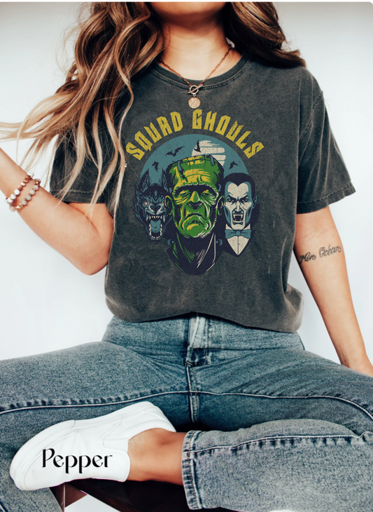 comfort colors funny squad ghouls goals halloween tshirt, retro spooky season monster vampire werewolf shirt, vintage distressed graphic tee