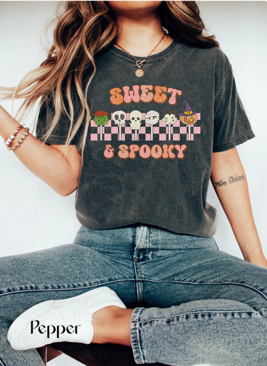 Comfort colors groovy retro sweet and spooky tshirt, vintage inspired halloween candy shirt, funny fall autumn tee, checkered holiday pun