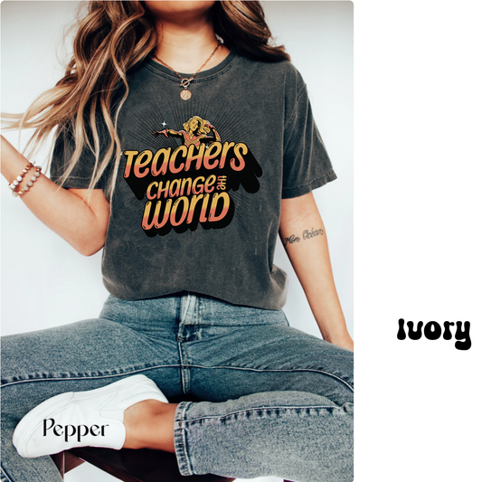 Comfort colors vintage super hero teachers change the world tshirt, groovy retro comic book classic gift for teacher, back to school tee