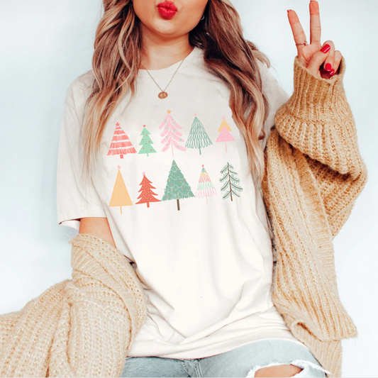 Cute hand drawn christmas trees tshirt, holiday spirit festive tshirt, retro xmas decor shirt, comfort colors tee, vintage inspired seasonal