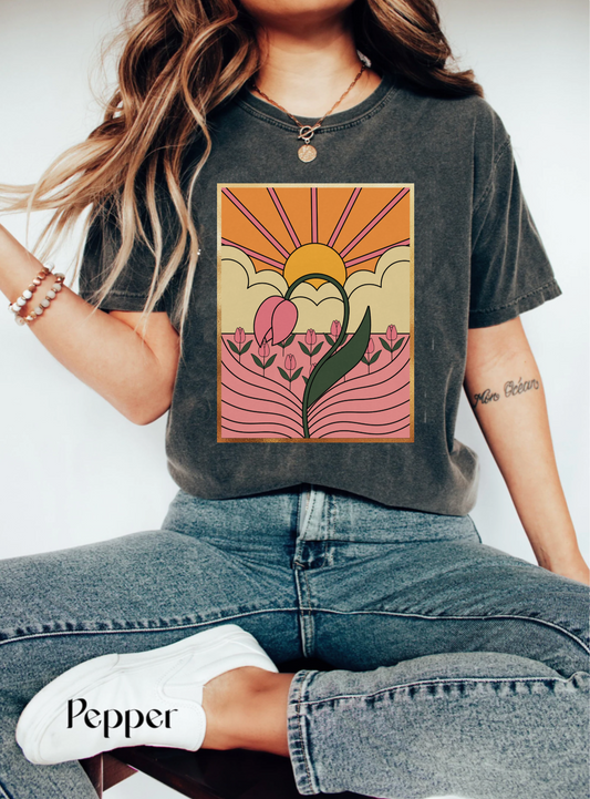 Boho floral tshirt, large graphic tee, cottagecore tulip sunrise shirt, gift idea for dutch person