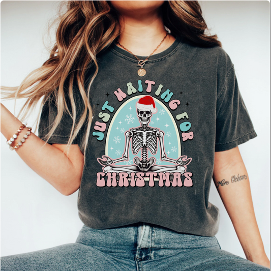 Comfort Colors funny skeleton santa waiting for Christmas Tshirt, Cute holiday Distressed graphic tee, Tis the season santa festive shirt, retro groovy christmas