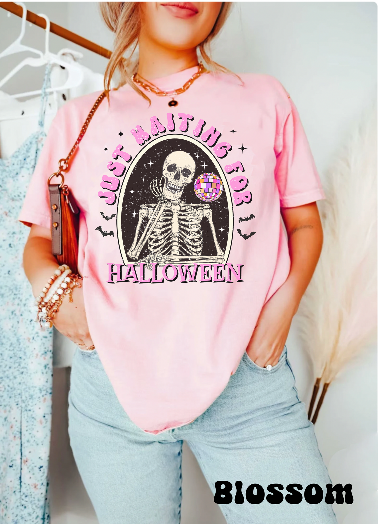 Comfort colors funny skeleton waiting for halloween groovy disco tshirt, retro spooky season fall autumn bats shirt, distressed graphic tee