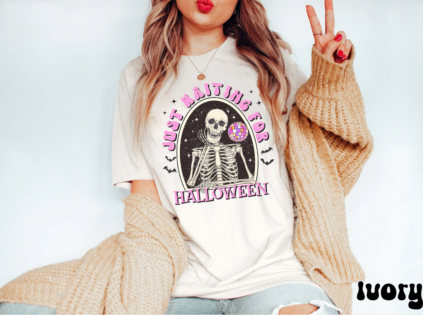 Comfort colors funny skeleton waiting for halloween groovy disco tshirt, retro spooky season fall autumn bats shirt, distressed graphic tee