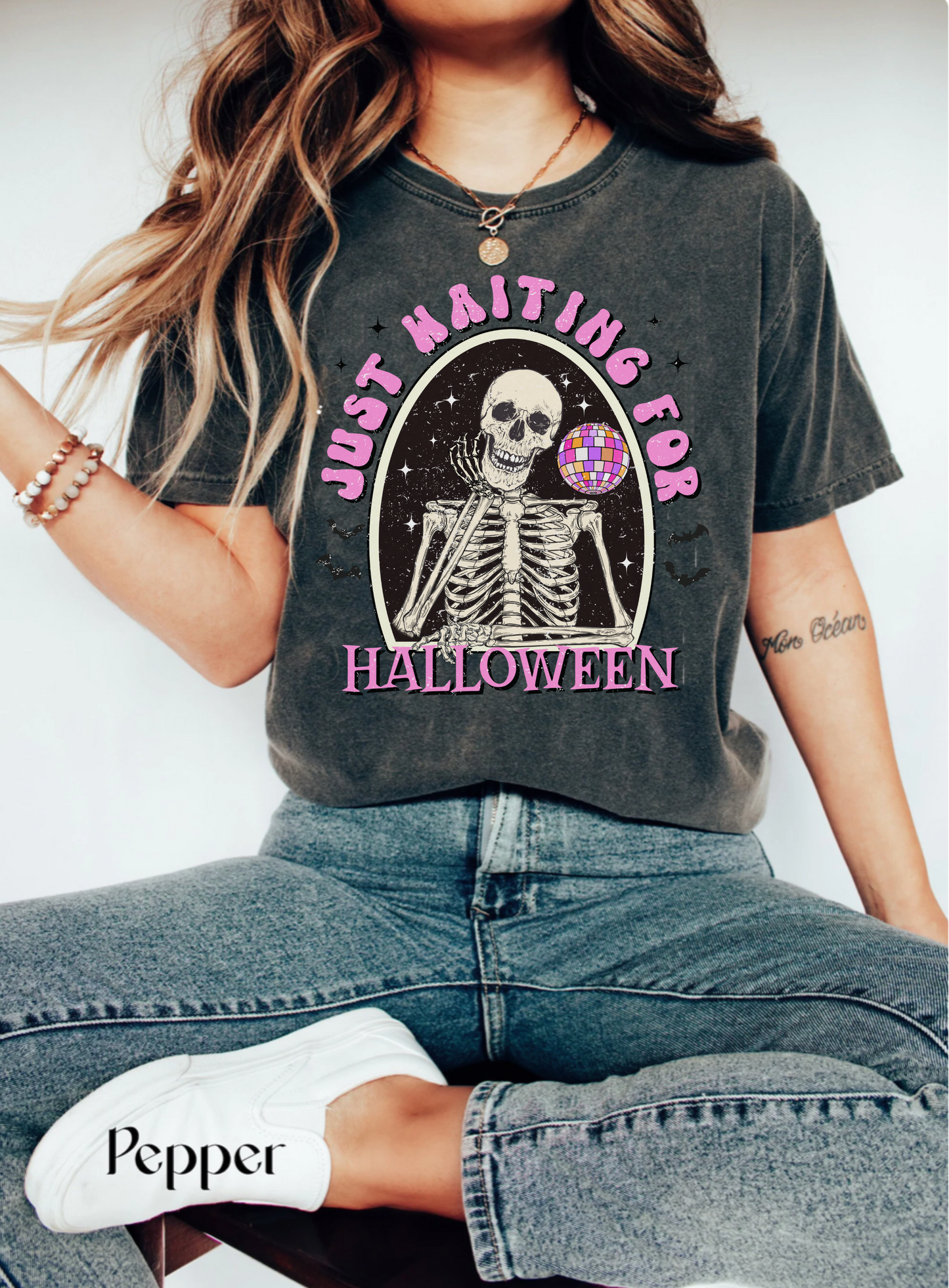 Comfort colors funny skeleton waiting for halloween groovy disco tshirt, retro spooky season fall autumn bats shirt, distressed graphic tee