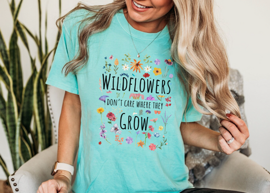 Boho cottagecore wildflowers don't care where they grow inspirational tshirt, motivational bohemian floral shirt, retro witchy aesthtic shirt, comfort colors