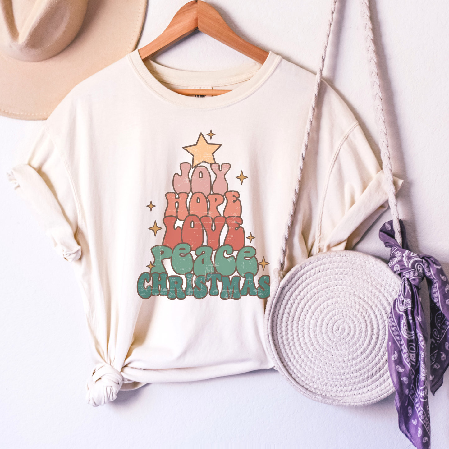 Comfort colors Christmas tree tshirt, Joy, love, hope, peace shirt, retro xmas Holiday Tee, cute festive outfit, groovy retro font