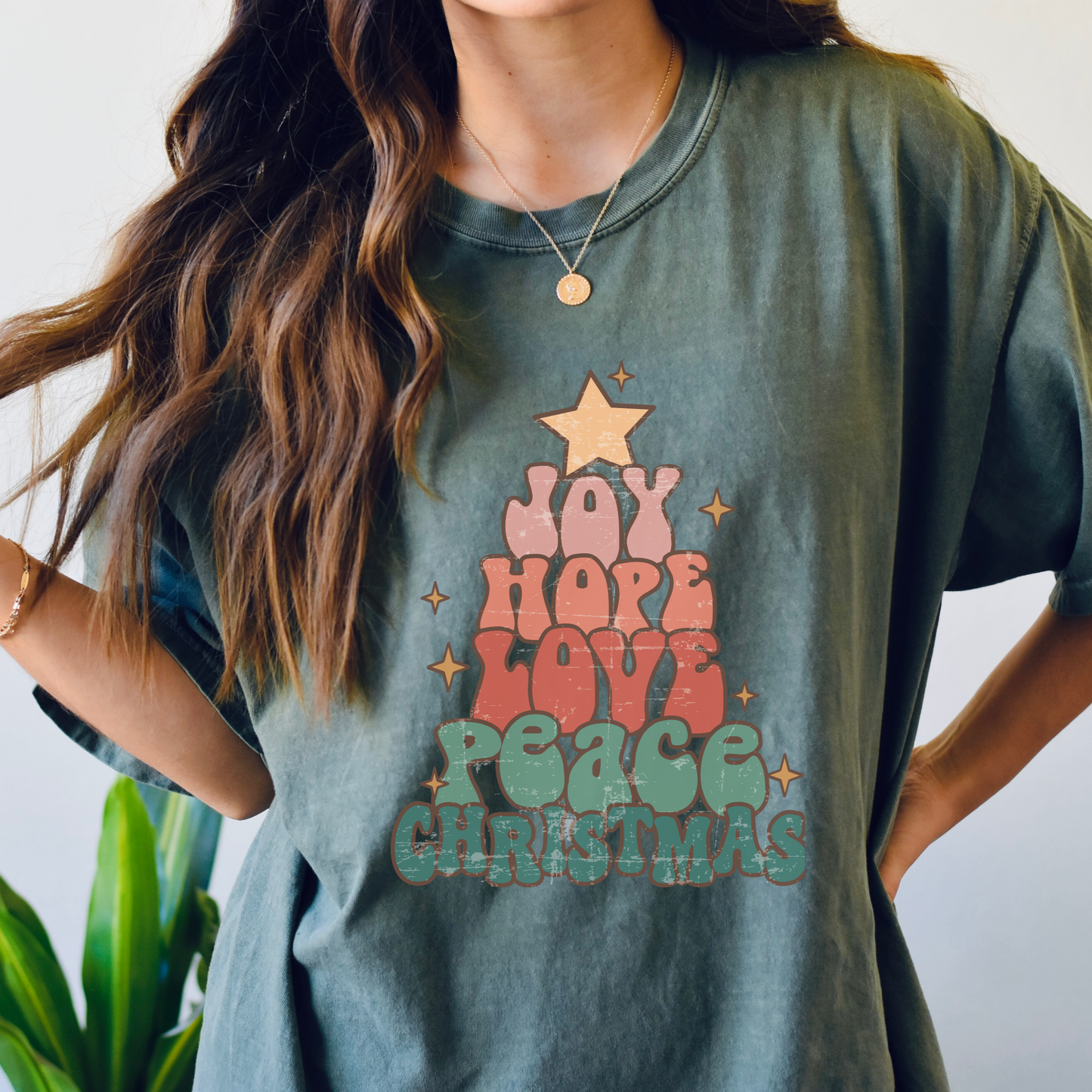 Comfort colors Christmas tree tshirt, Joy, love, hope, peace shirt, retro xmas Holiday Tee, cute festive outfit, groovy retro font